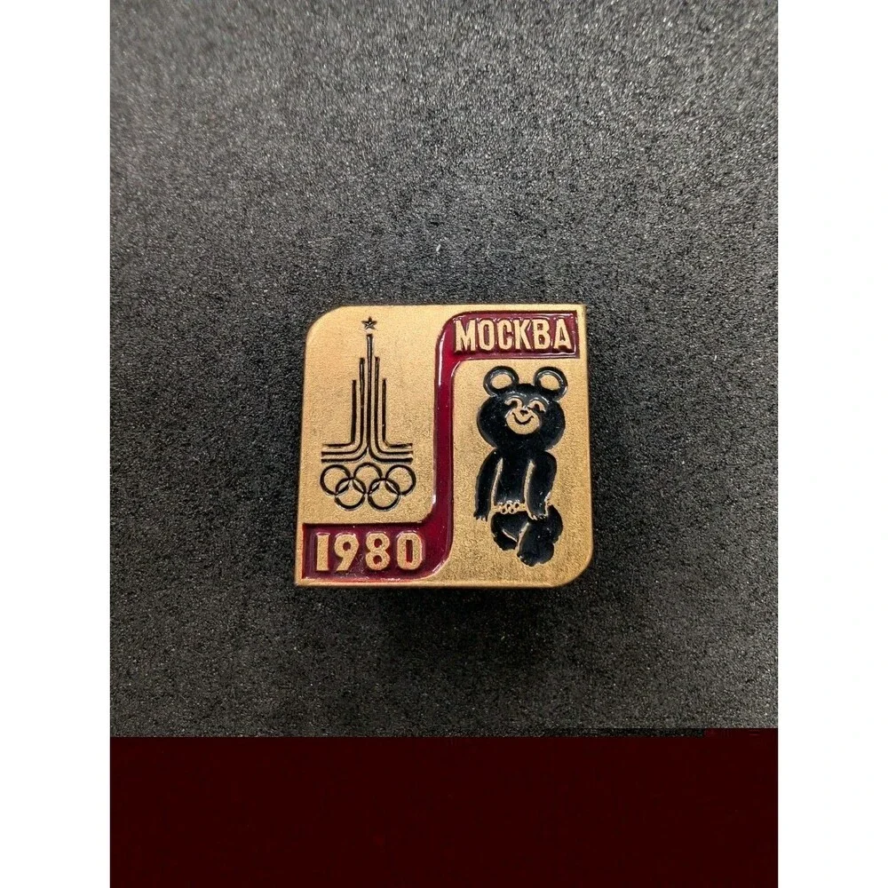 Vintage USSR Moscow 1980 Olympic Misha & Official Emblem Enamel Pin Badge